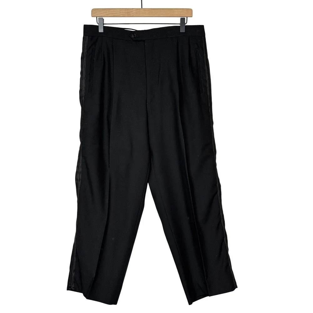 Vintage Valentino Tuxedo Pants Wool Blend Black Pleated Side Stripe Mens Size 35